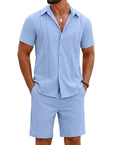 COOFANDY Mens Cuban 2 Piece Outfit for Men Matching Shorts and Summer Short Sleeve Shirts