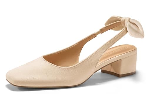 Coutgo Womens Chunky Low Heels Bow Slingback Pumps Closed Square Toe Wedding Party Dress Shoes, Apricot, Size 6