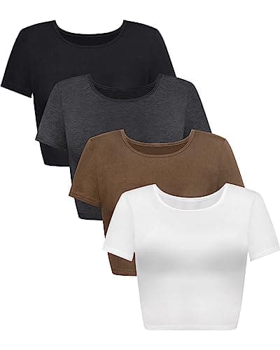 Syhood 4 Pack Women's Short Sleeve Crop Tops Crew Neck Summer Cute Slim Fit T Shirts Basic Y2K Workout Tees for Teen Girls(Medium,Black, Dark Grey, Coffee, White)