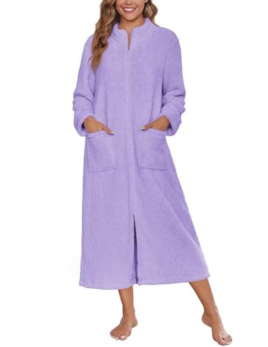 Ekouaer Women Zip Up Robe Fleece Long Sleeves Soft Housecoat with Pockets