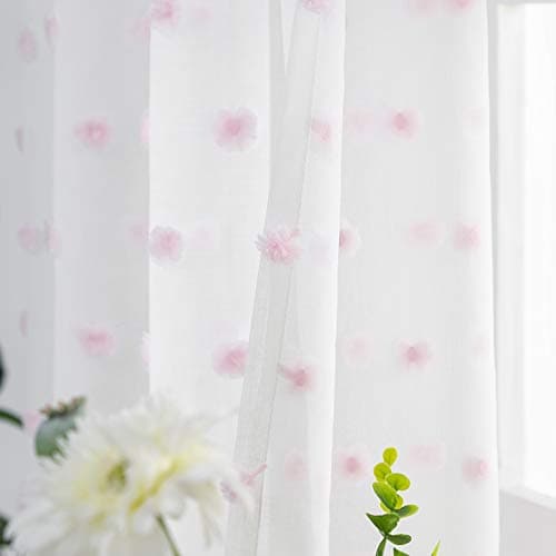 FINECITY White Sheer Curtains 96 Inch Length - Rod Pocket Embroidered Cute Pink Pom Poms Curtain 2 Panels Light Filter Soft Window Voile Drapes for Girls Room, 52 x 96 Inch, 1 Pair, White Pink