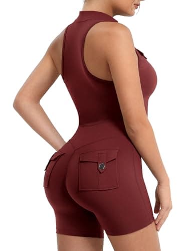 YEOREO CoreFlex Sleeveless Workout Jumpsuit With Pockets Zip Up Back Scrunch Gym Romper for Women Yoga Wine M