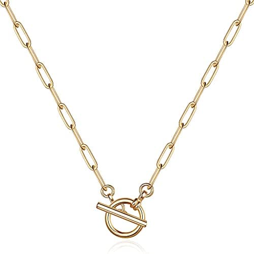 Turandoss 14K-Gold-Plated Paperclip Chain Necklace for Women, 14K-Gold-Plated Toggle Clasp Simple Dainty Link Chain Necklace Handmade Choker Oval Link Paperclip Chain Necklaces for Women