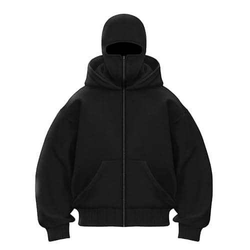 TOSTOK Men's Balaclava Hoodie Winter Double Layer Hooded Sweatshirt with zipper, Fleece-Lined Hip-Hop Hoodie(US, Alpha, Large, Regular, Regular, Black)