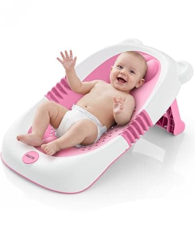 ISELECTOR Foldable Baby Bath Support - Portable Infant Bathtub Seat for Newborn to 6 Months, Compact Travel Baby Bather Fits Most Tubs & Sinks, Baby Essentials & Newborn Gifts (Pink)