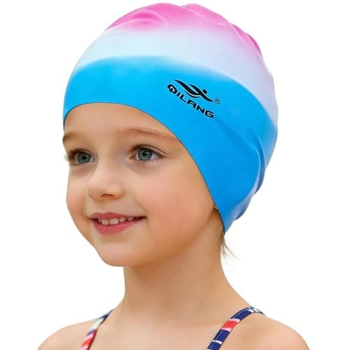 Kids Swim Cap - 100% Silicone Waterproof Swimming Hat for Girls Boys Teen, Keeps Hair Dry, Soft & Comfortable for Long & Short Hair (Blue and Pink)
