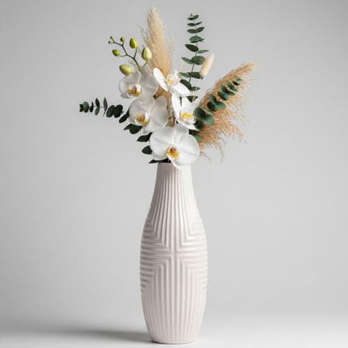hjn Hand-Glazed White Ceramic Vase - 13.8" H Modern Decorative Centerpiece Vase for Fresh/Dried Flowers, Home Decor for Living Room Bookshelf Mantel | Wedding Housewarming Gift