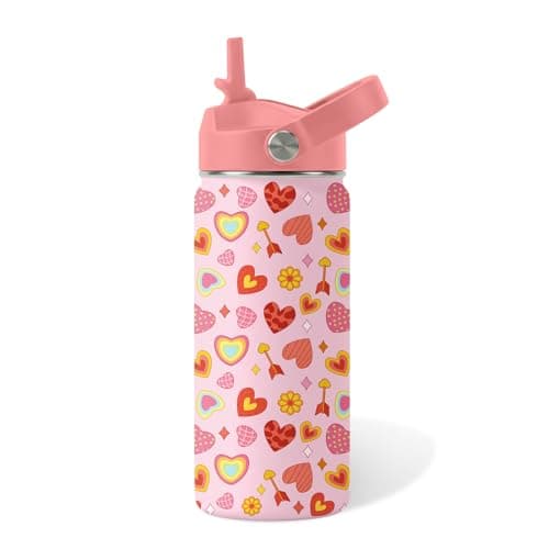 Heart Gifts for Kids - 16 Oz Kids Water Bottle with Straw Lid, Stainless Steel Insulated Tumbler, Leak Proof, BPA-Free, for Girls, School, Travel - Heart Pattern Children Birthday Gifts Cups(1pc)