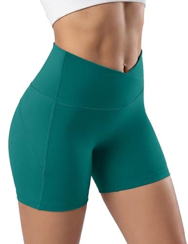 MAGCOMSEN Crossover Biker Shorts Women 4" No Front Seam High Waist Tummy Control Yoga Workout Gym Shorts Back Pocket Green S