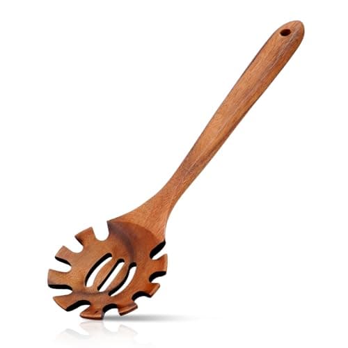 Spaghetti Spoon Wooden Pasta Spoon with Teeth Spaghetti Fork Tongs 12.5 Inch Teak Slotted Strainer Spoons for Cooking Serving Collecting, Wooden Fork Server Utensil with Claws, Wood Noodle Strainer