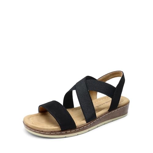 DREAM PAIRS Women's Dressy Slip on Elastic Ankle Strap Summer Wedge Heels Low Wedge Cork Beach Sandals for Women Casual Vacation,Size 8.5,Black-Suede,DWUMFS2505