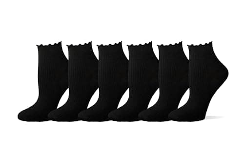 Amazon Essentials Women's Lettuce Edge Ankle Socks, 6 Pairs, Black, 8-12