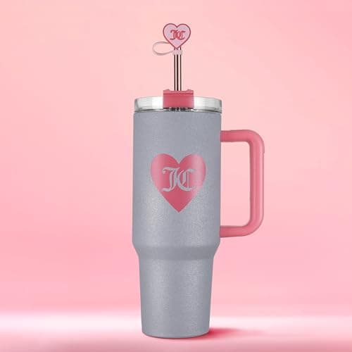 Juicy Couture Jetsetter 40oz Tumbler with Handle and Straw Topper, Glitter Silver