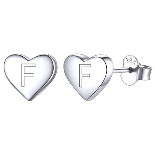 ChicSilver 925 Sterling Silver Heart Initial Stud Earrings for Women, White Gold Plated Silver Small Dainty Heart Earrings Hypoallergenic Letter F Initial Earrings for Women Sensitive Ears