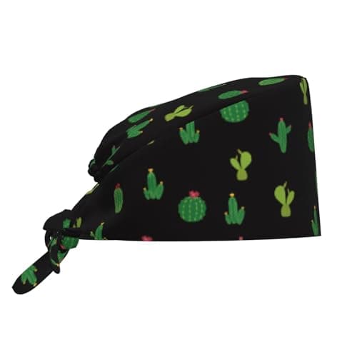 Cute Cactus Green Cacti Desert Plants Working Cap Scrub Cap with Sweatband Adjustable Unisex Women Tie Back Hat Nurse Surgical Caps