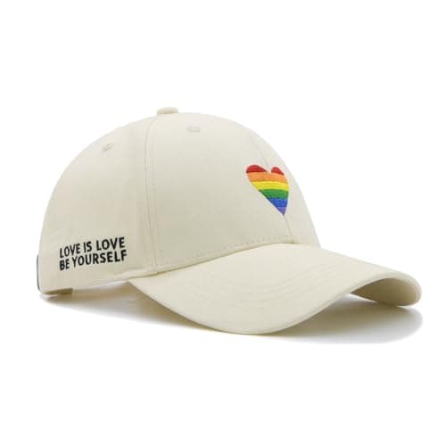 Wodeal LGBT Pride Baseball Hat, Embroidered Rainbow Heart Hat, Adjustable Gay Lesbian Love Cap for Men Women Beige