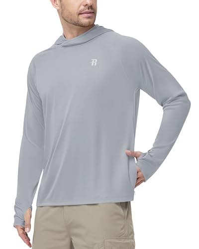 Runhit UPF 50+ Sun Protection Shirts for Men Long Sleeve Lightweight Hoodie Fishing Shirts with Pocket UV SPF Outdoor Workout Hiking Rash Guard Light Grey L