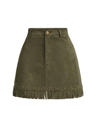WDIRARA Women's Faux Suede Fringe Skirt High Waisted Tassel Western Mini Skirts Olive Green Medium
