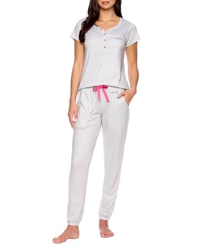 bebe Womens Pajama Set, Short Sleeve Shirt with Lace Jogger PJ Pants Lounge Sets for Women Plus Size (Heather Grey, 3X)