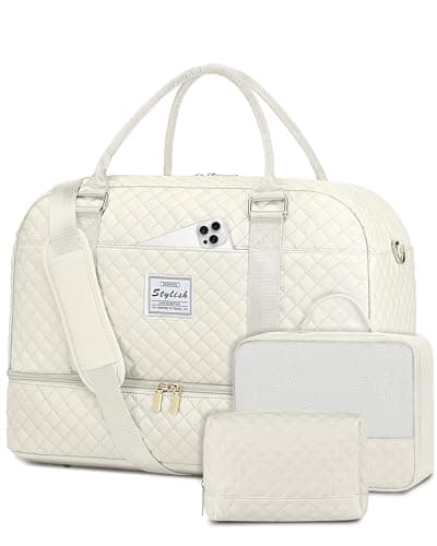 CAYINTOP Weekender Travel Duffle Bag for Women: Overnight Bags with Shoe Compartment Carry on duffel Bag for Airplanes with 2 PCS Toiletry Bags Weekend Yoga Gym Hospital Bag with Wet Pocket Beige