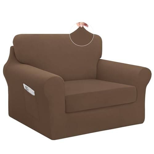 Easy-Going 3 Pieces Stretch Chair Cover Washable Chair Slipcover Set for 1 Backrest and Seat Cushion Couch Anti-Slip Sofa Couch Cover Furniture Protector with Elastic Bottom (Small, Brown)