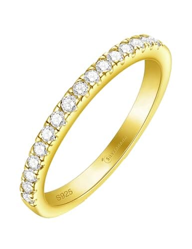 SILVERNANA 0.3ct Moissanite Wedding Band for Women Yellow Gold Plated Sterling Silver Thin Stackable Half Eternity Ring for Her Size 9