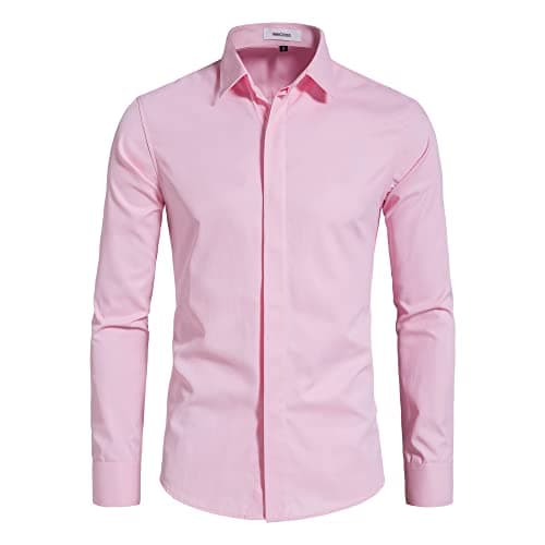 VANCOOG Men's Cotton Blended Long Sleeve Casual Button Down Regular Fit Trendy Shirt-Pink-XL
