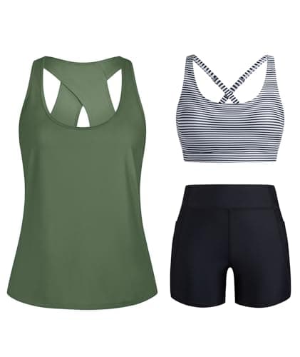 HUSKARY Womens Swimsuits 3 Piece Athletic Bathing Suits Tummy Control Tankini with Shorts Green Black Striped Small
