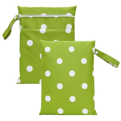Eternal Beauty 2 Pack Large Wet Dry Bags, 11.8x15.8'' Waterproof Reusable Wet Dry Bags with Zippered Pocket for Travel,Beach, Pool, Gym, Baby Cloth Diapers, Swimsuits, Wet Clothes (Green Polka Dot)