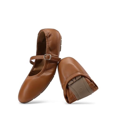 DREAM PAIRS Women's Ballet Flats Foldable Square Toe Mary Jane Flats Comfortable Slip On Dress Shoes Business Casual Work Mary Jane Shoes,Size 8.5,Brown,DWUMFA2534