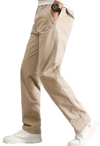 AIFARLD Mens Cargo Pants Elastic Waist Pants Sport Jogger Long Trousers for Hiking Fishing Running Workout Beige