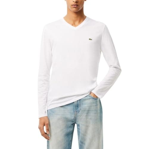 Lacoste Men's Long Sleeve Lightweight Cotton Pima V-Neck T-Shirt, White, X-Small