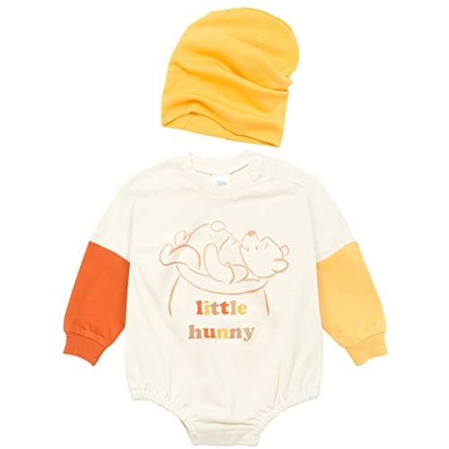 Disney Winnie the Pooh Baby Boy or Girl French Terry Graphic Creeper and Beanie Outfit Ivory Winnie the Pooh Newborn