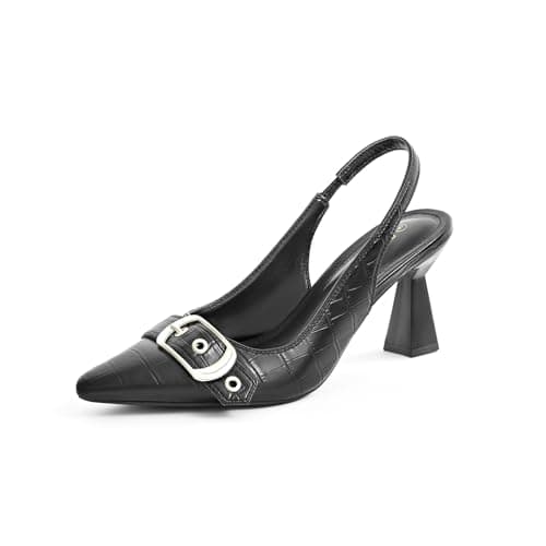 SICARE Slingback Kitten Heels for Women Closed Pointed Toe Pumps Dress Shoes with Buckle Strap Comfortable Slip On Sandal Heels for Work Party Wedding,Black,Size 6