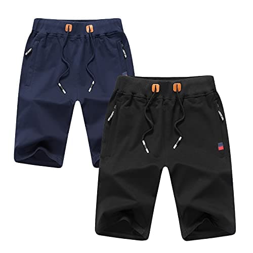 IRELIA 2 Pack Boys Shorts Drawstring Elastic Waist Zipper Pockets Black Navy S