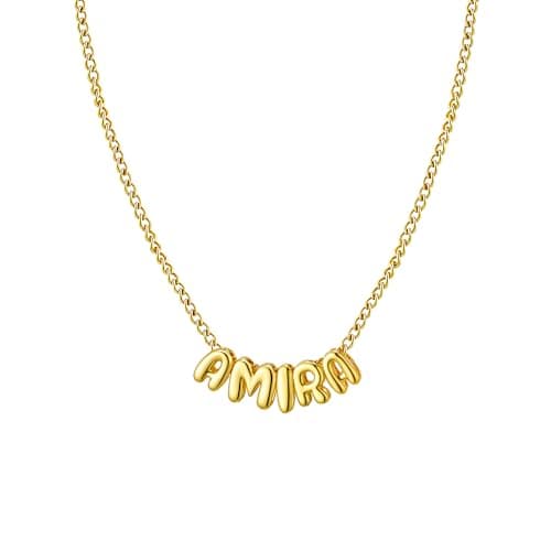 Ldurian Personalized Bubble Name Necklace, Amira Tiny Name Plate Pendant Necklace, 14K Gold Plated Charm Cute Pre-made Jewelry for Women