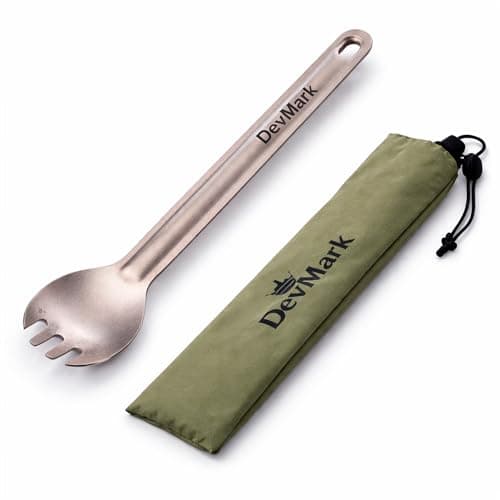 DevMark Titanium Long Handle Spork Ultralight Camping Spoon Fork, Backpacking Utensil with Storage Bag for Hiking, Travel & Outdoor Cooking,Flatware for Outdoor Camping