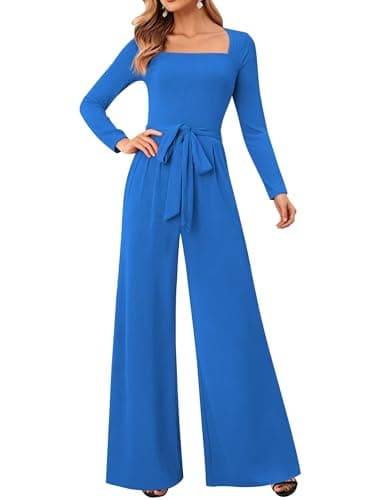 LOOKBOHO Jumpsuits for Women Square Neck Casual Dressy Formal Elegant Belted Wide Leg Long Rompers With Pocket Blue M