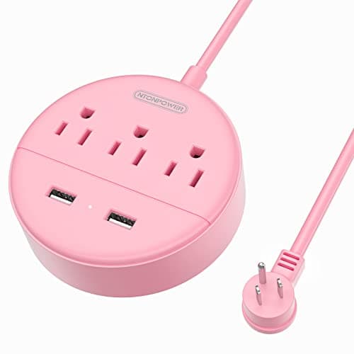 Rose Pink Power Strip with USB, NTONPOWER Flat Plug Extension Cord Nightst&Desktop Charging Station with 3 Outlet &2 USB, Wall Mount, Small Size for Dorm Room Home Office Travel, ,'5 FT Cord