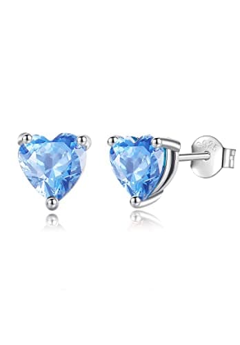Vito 925 Sterling Silver Birthstone March Stud Earrings for Women, Cubic Zirconia Hypoallergenic Heart Aquamarine Ear Studs Jewelry Gift for Sister Daughter on Birthday