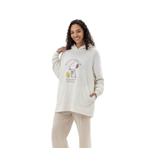 Berkshire Peanuts Velvetloft Oversized Sweatshirt, Embroidered Snoopy & Woodstock, Ultra Soft Fleece Pullover, Cozy Casual for Women, Gift for Fans, Medium, Happiness Morning Rituals Neutral