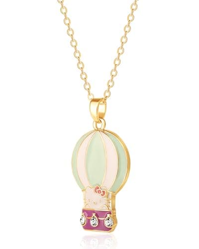 Hello Kitty Sanrio Hot Air Balloon Necklace for Women 16+2, 18kt Gold Flash-Plated Enamel Pendant Necklace Official License