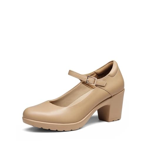 DREAM PAIRS Women's Chunky Low Block Heels Mary Jane Closed Toe Work Pumps Comfortable Round Toe Dress Wedding Shoes EDENIA,Size 7,Nude,SDPU2231W
