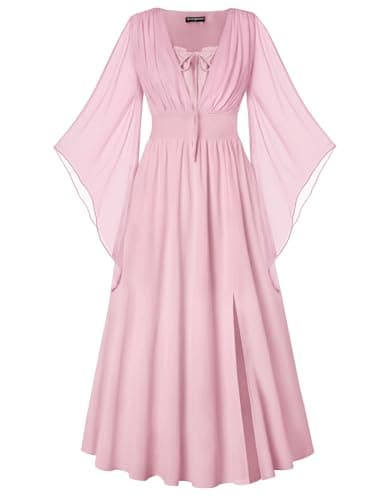 Renaissance Dress Women Bell Sleeve Fairy Dresses Witch Costume Split Maxi Dress with Pockets Light Pink L