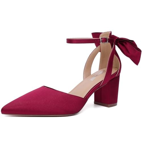 RIBONGZ Wedding Bridal Burgundy Shoes for Women Chunky Block Heel Pumps Closed Pointed Toe Heels with Elegant Bow Knot Comfort Evening Party Prom Office Shoes Size 8