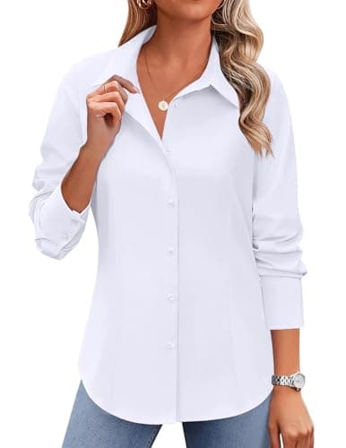 Zeagoo Soft Wrinkle-Free Women's Button Down Dress Shirts Solid Long Sleeve Work Blouses Collared Casual Tops White M