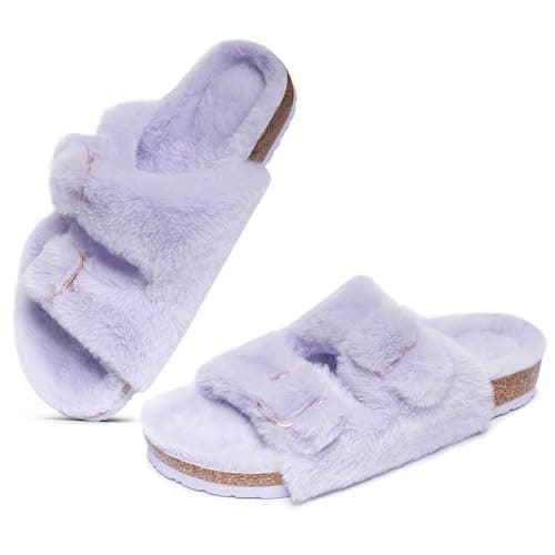 FITORY Womens Open Toe Slipper with Cozy Lining,Faux Rabbit Fur Cork Slide Sandals Purple Size 6