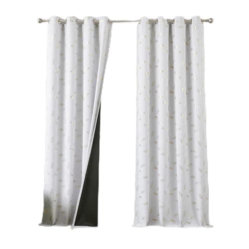 Bujasso Gold Leaf White Full Blackout Window Curtains W52xL90, 2 Panels
