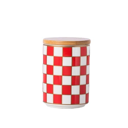 XYQXYQ Kitchen Countertop Ceramic Checkered Canisters,Black And White Food Storage Containers With Lid,Airtight Kitchen Canisters for Flour, Sugar, Coffee, Tea, and Dry Goods (Red, Small)