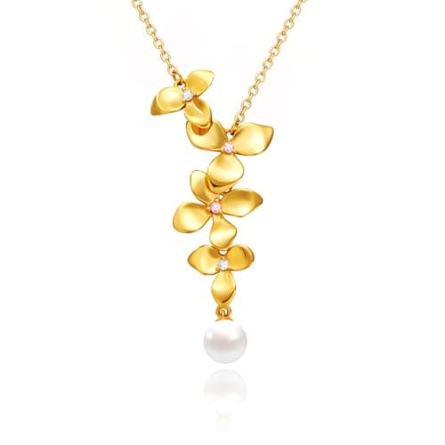 Cicy Bell Floral Pendant Necklace for Women Trendy 18k Gold Plated Shell Pearl Cubic Zirconia Dainty Long Y Necklace Jewelry Gifts